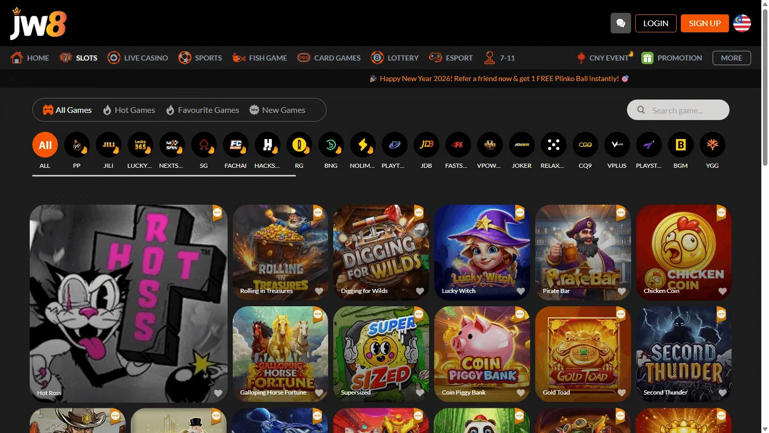 Jw8 Casino desktop games interface with pokies, live casino and betting categories
