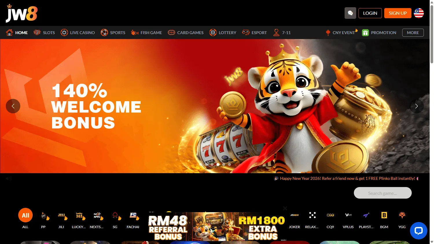 Jw8 Casino desktop home interface with casino, sportsbook and account access
