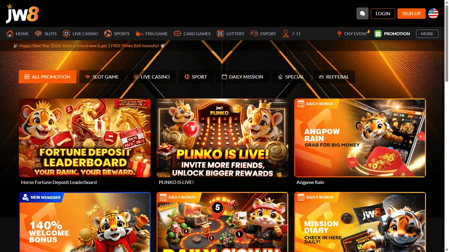 Jw8 Casino desktop promotions interface with welcome and daily reward offers