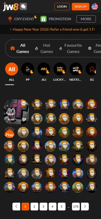 Jw8 Casino mobile games interface with pokies, live tables and sportsbook options