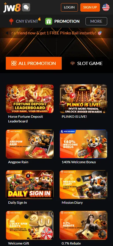 Jw8 Casino mobile promotions interface with bonus and reward offers